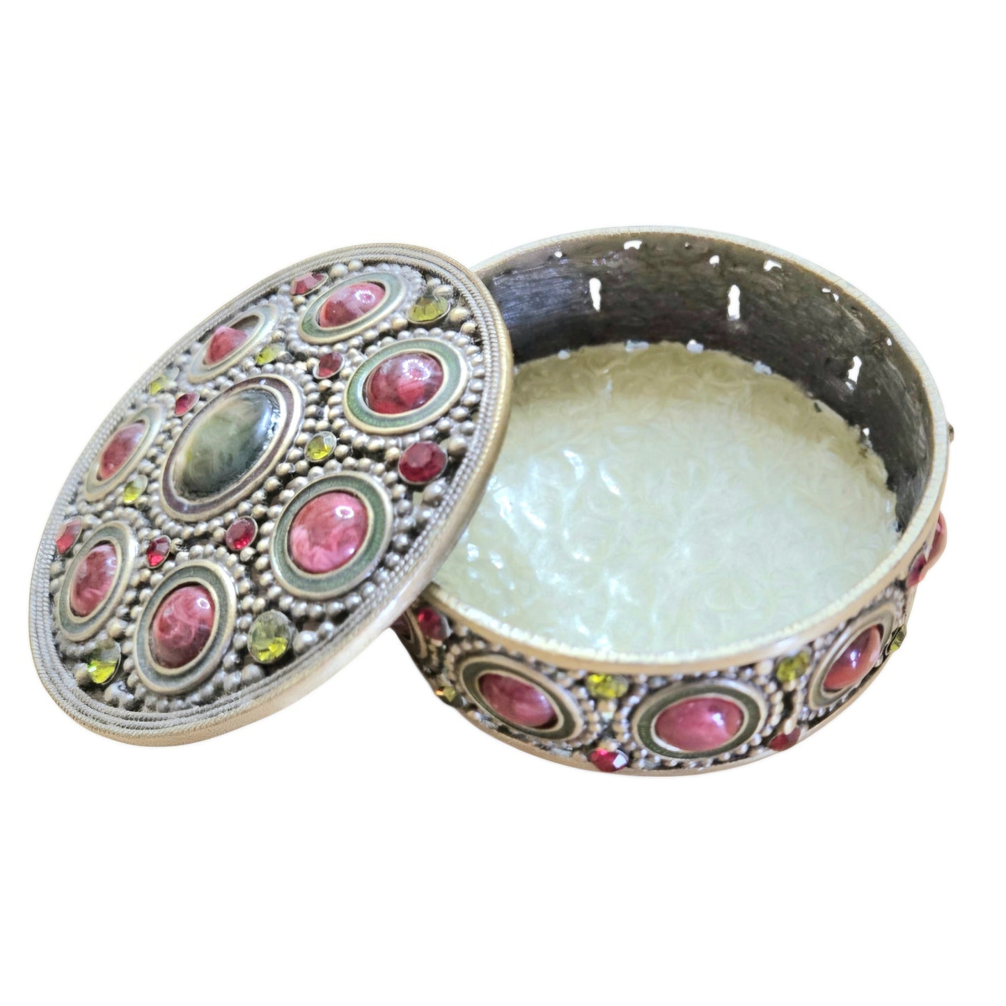 Vintage *Ornate Brass Filigree Trinket Box – Inlaid Red & Green Gemstone Cabochons