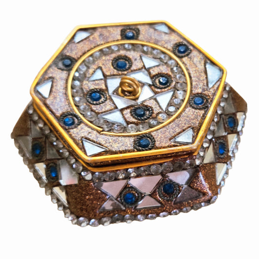 Beautiful *Hexagonal Bronze Enameled Indian Mosaic Trinket Box w/ Blue Accents