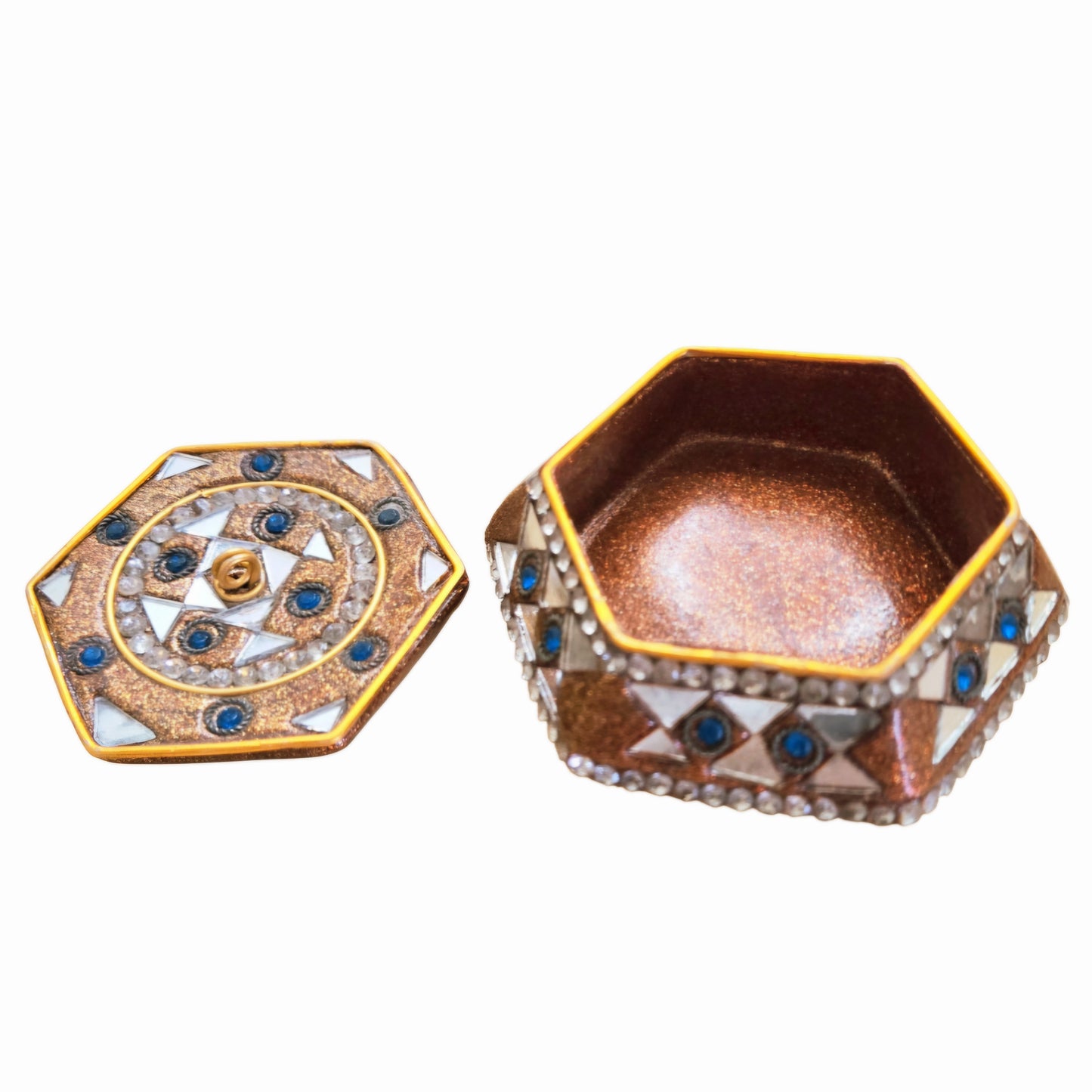 Beautiful *Hexagonal Bronze Enameled Indian Mosaic Trinket Box w/ Blue Accents