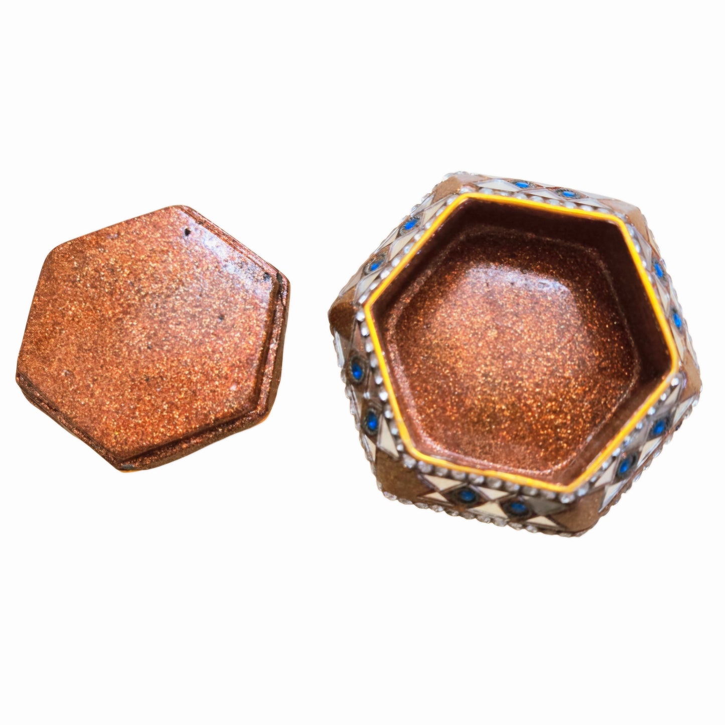 Beautiful *Hexagonal Bronze Enameled Indian Mosaic Trinket Box w/ Blue Accents