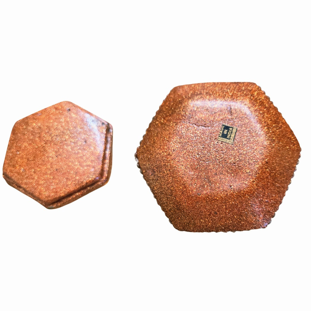 Beautiful *Hexagonal Bronze Enameled Indian Mosaic Trinket Box w/ Blue Accents