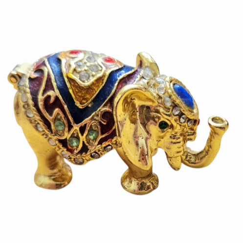 Cute *Mini Elephant Hinged Trinket Box Paperweight Gold Metal Enamel Bejeweled
