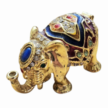 Cute *Mini Elephant Hinged Trinket Box Paperweight Gold Metal Enamel Bejeweled