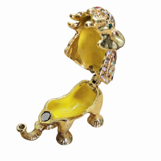Cute *Mini Elephant Hinged Trinket Box Paperweight Gold Metal Enamel Bejeweled