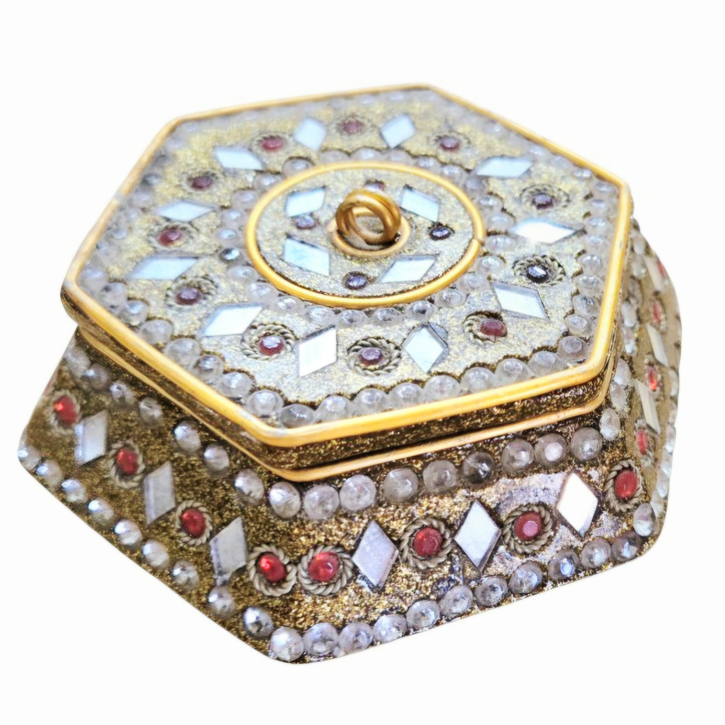 Beautiful *Hexagonal Gold Enameled Indian Mosaic Trinket Box w/ Red Accents