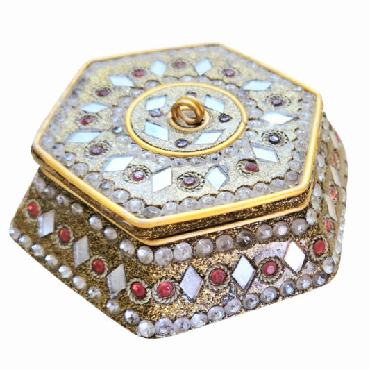 Beautiful *Hexagonal Gold Enameled Indian Mosaic Trinket Box w/ Red Accents
