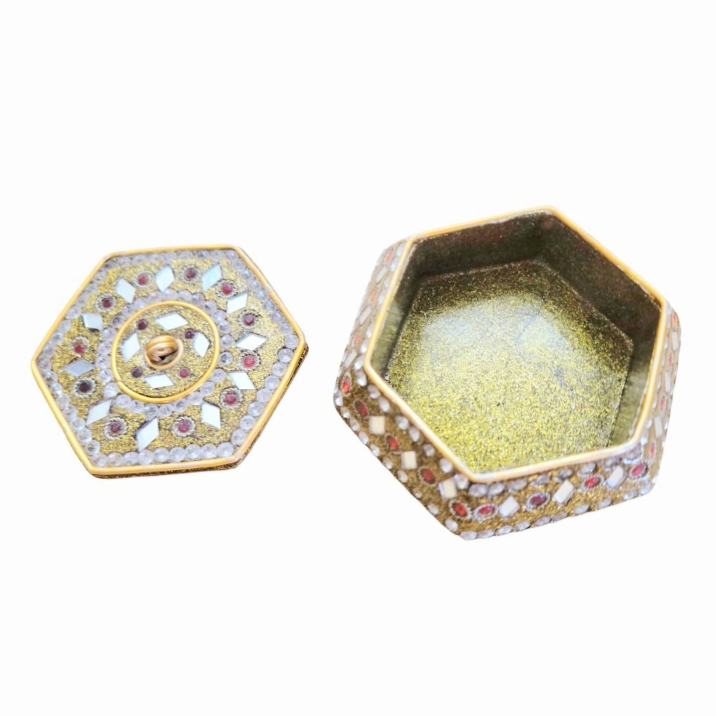 Beautiful *Hexagonal Gold Enameled Indian Mosaic Trinket Box w/ Red Accents