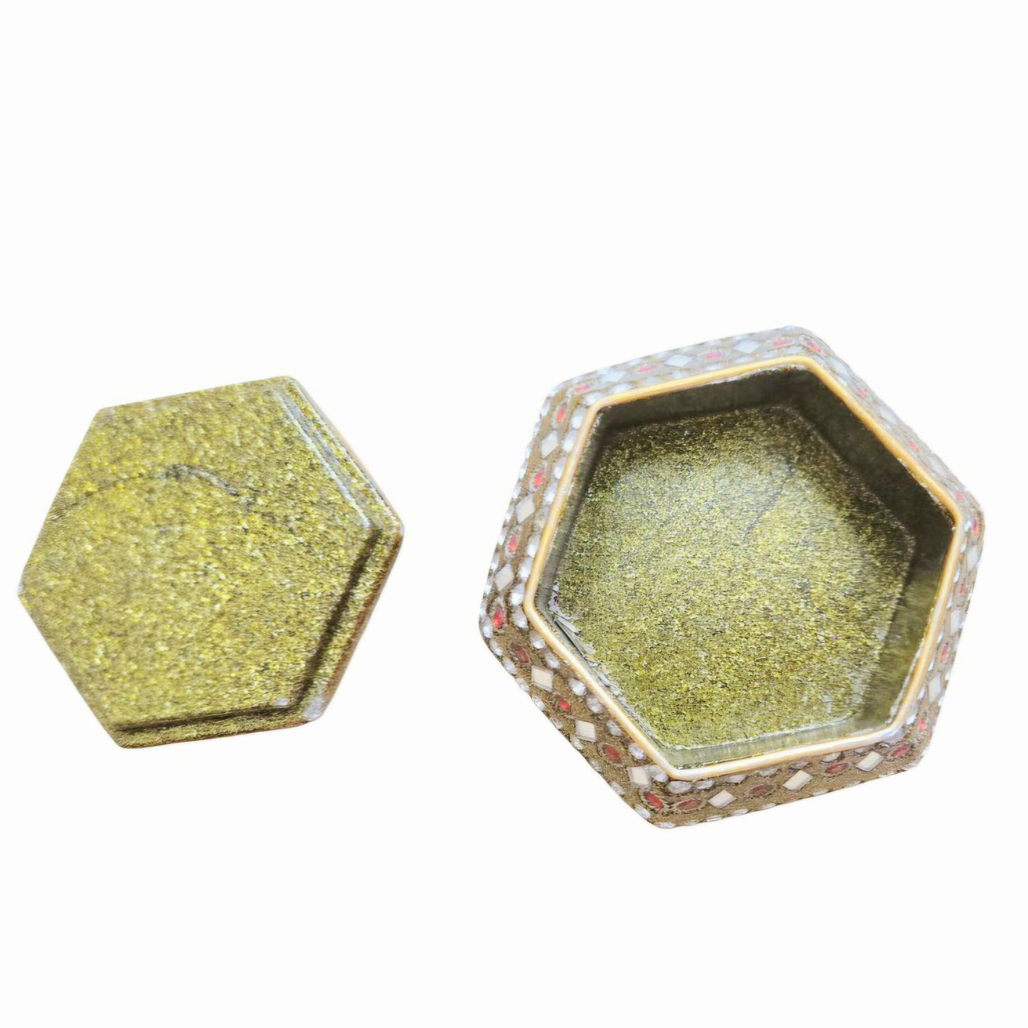 Beautiful *Hexagonal Gold Enameled Indian Mosaic Trinket Box w/ Red Accents