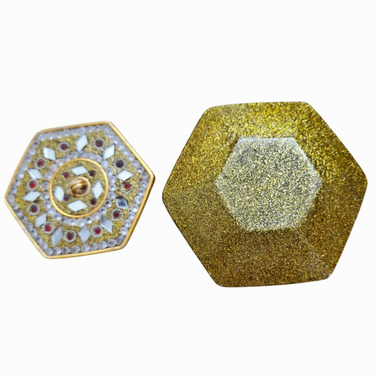 Beautiful *Hexagonal Gold Enameled Indian Mosaic Trinket Box w/ Red Accents