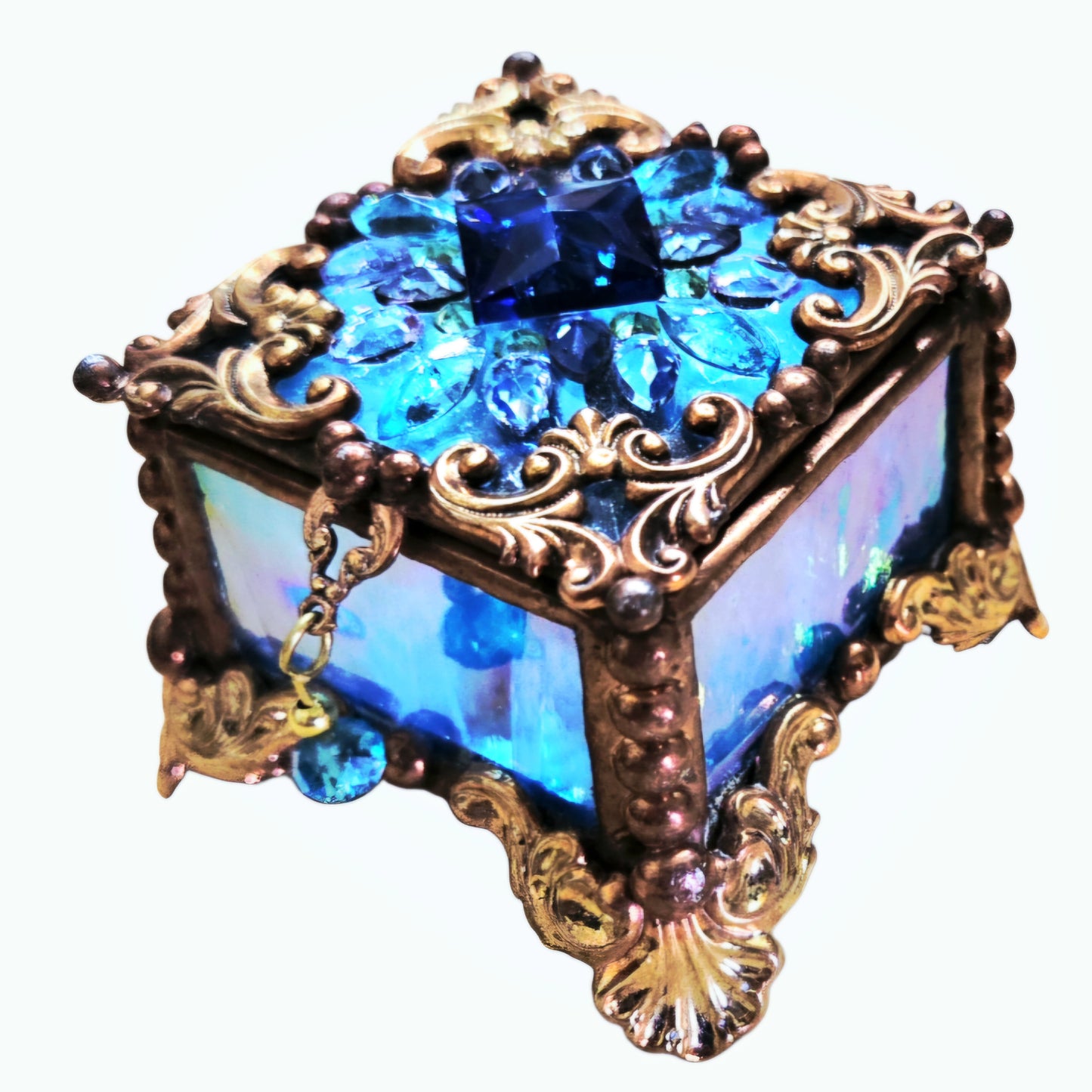 Vtg *Signed BLUE Stained Glass - Metal Bead Trinket Box, Fairy Box, Ring Box
