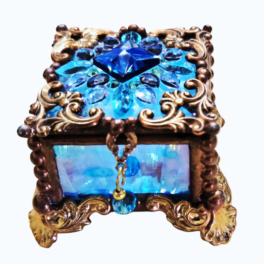 Vtg *Signed BLUE Stained Glass - Metal Bead Trinket Box, Fairy Box, Ring Box