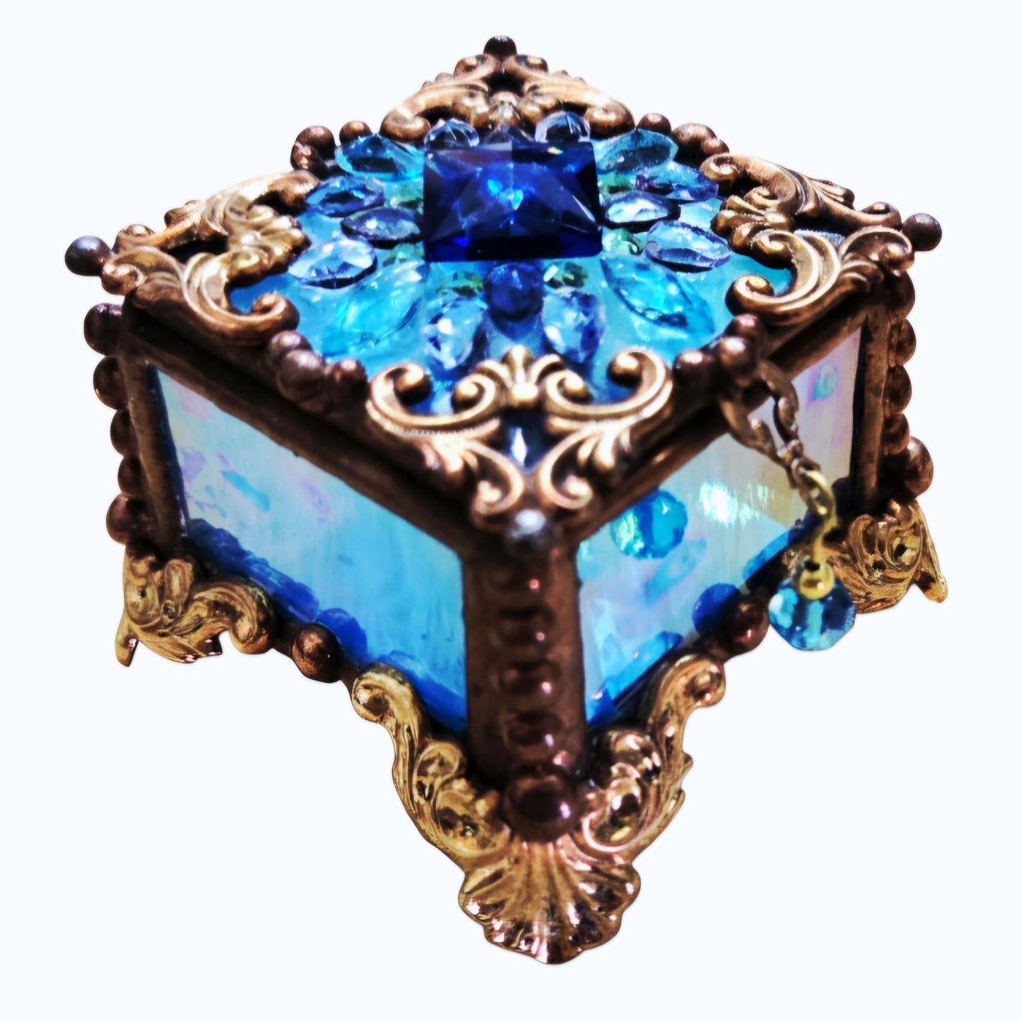 Vtg *Signed BLUE Stained Glass - Metal Bead Trinket Box, Fairy Box, Ring Box