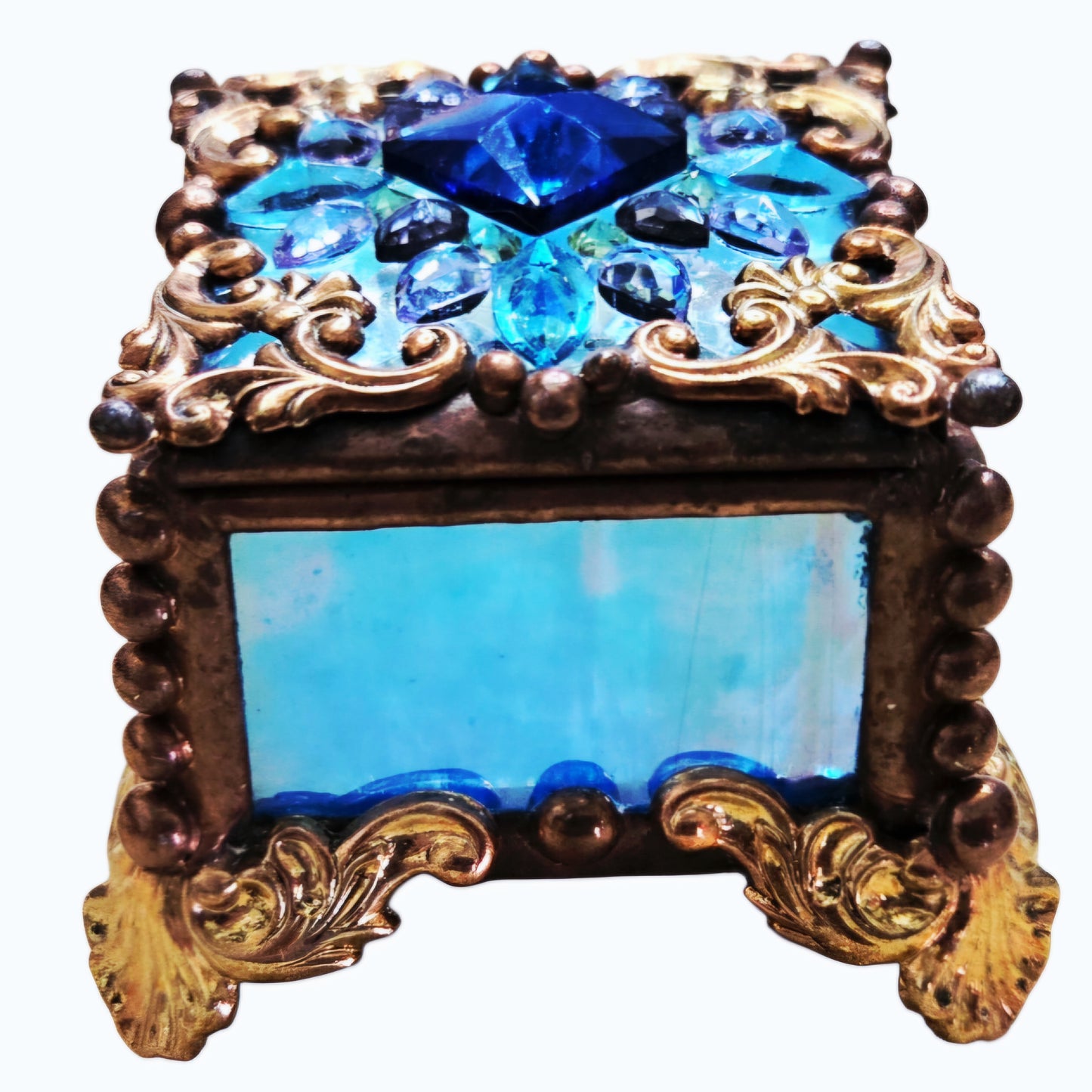 Vtg *Signed BLUE Stained Glass - Metal Bead Trinket Box, Fairy Box, Ring Box