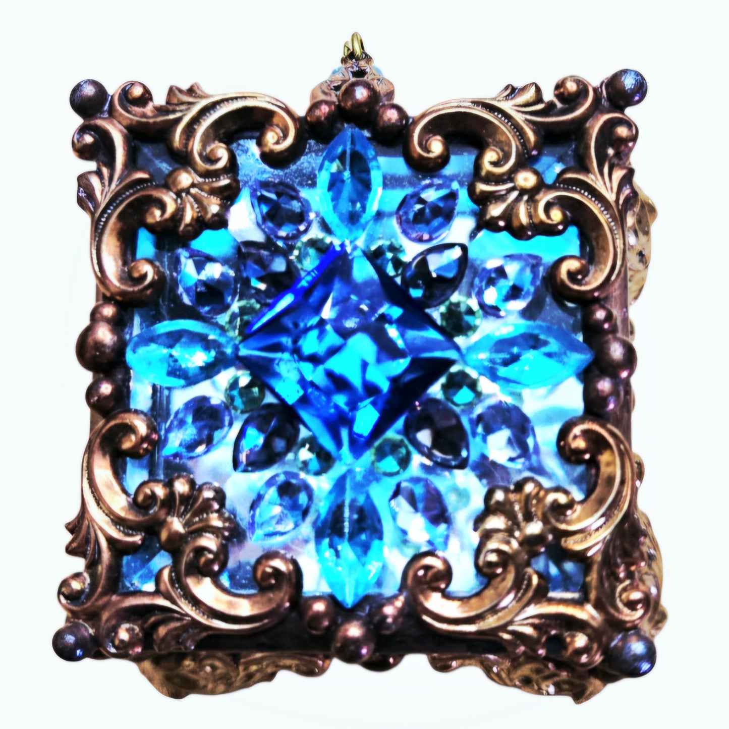 Vtg *Signed BLUE Stained Glass - Metal Bead Trinket Box, Fairy Box, Ring Box