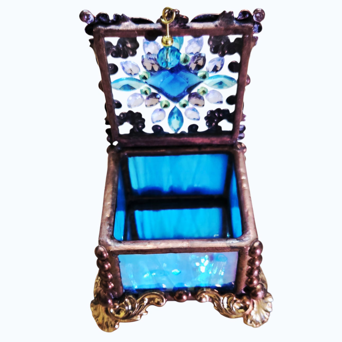 Vtg *Signed BLUE Stained Glass - Metal Bead Trinket Box, Fairy Box, Ring Box
