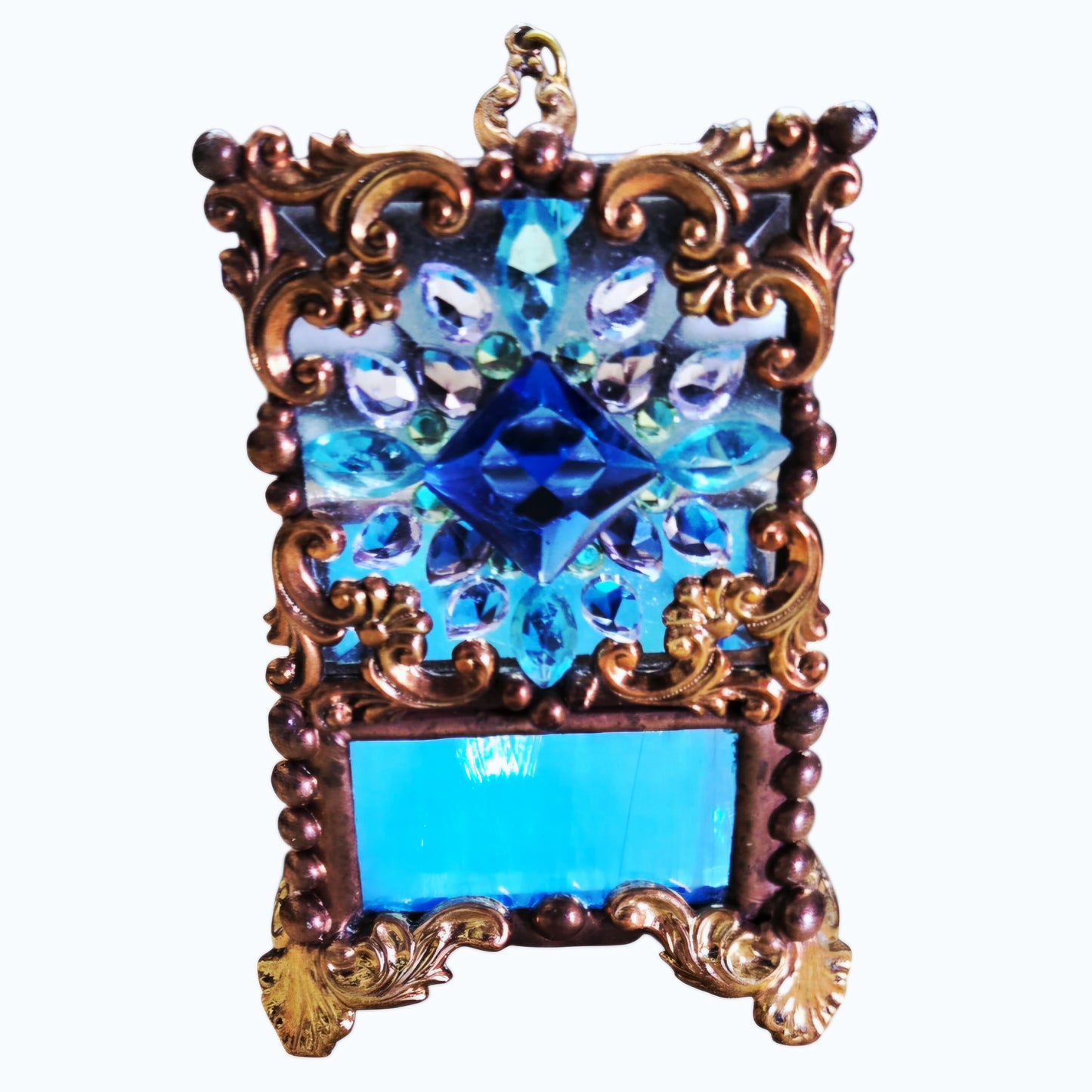 Vtg *Signed BLUE Stained Glass - Metal Bead Trinket Box, Fairy Box, Ring Box