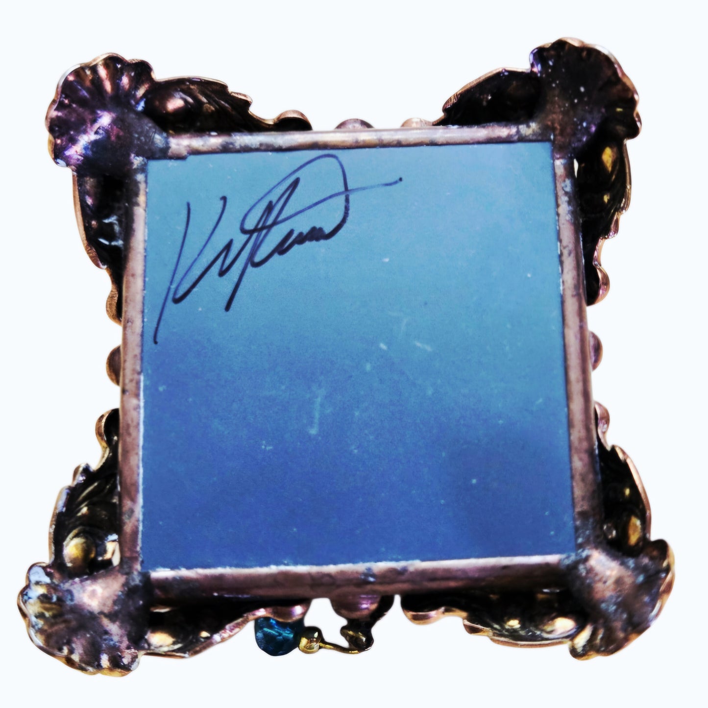 Vtg *Signed BLUE Stained Glass - Metal Bead Trinket Box, Fairy Box, Ring Box