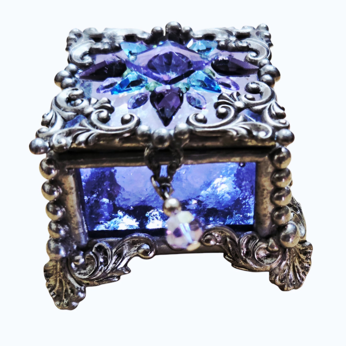 Vtg *Signed Purple Stained Glass - Metal Bead Trinket Box, Fairy Box, Ring Box