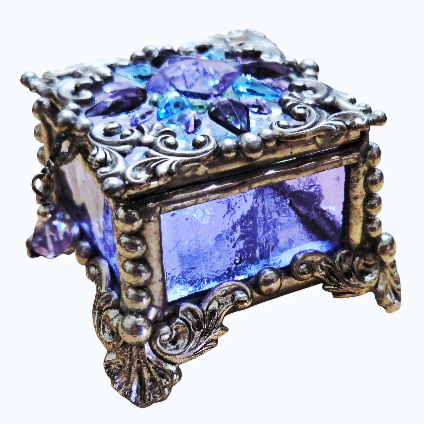 Vtg *Signed Purple Stained Glass - Metal Bead Trinket Box, Fairy Box, Ring Box