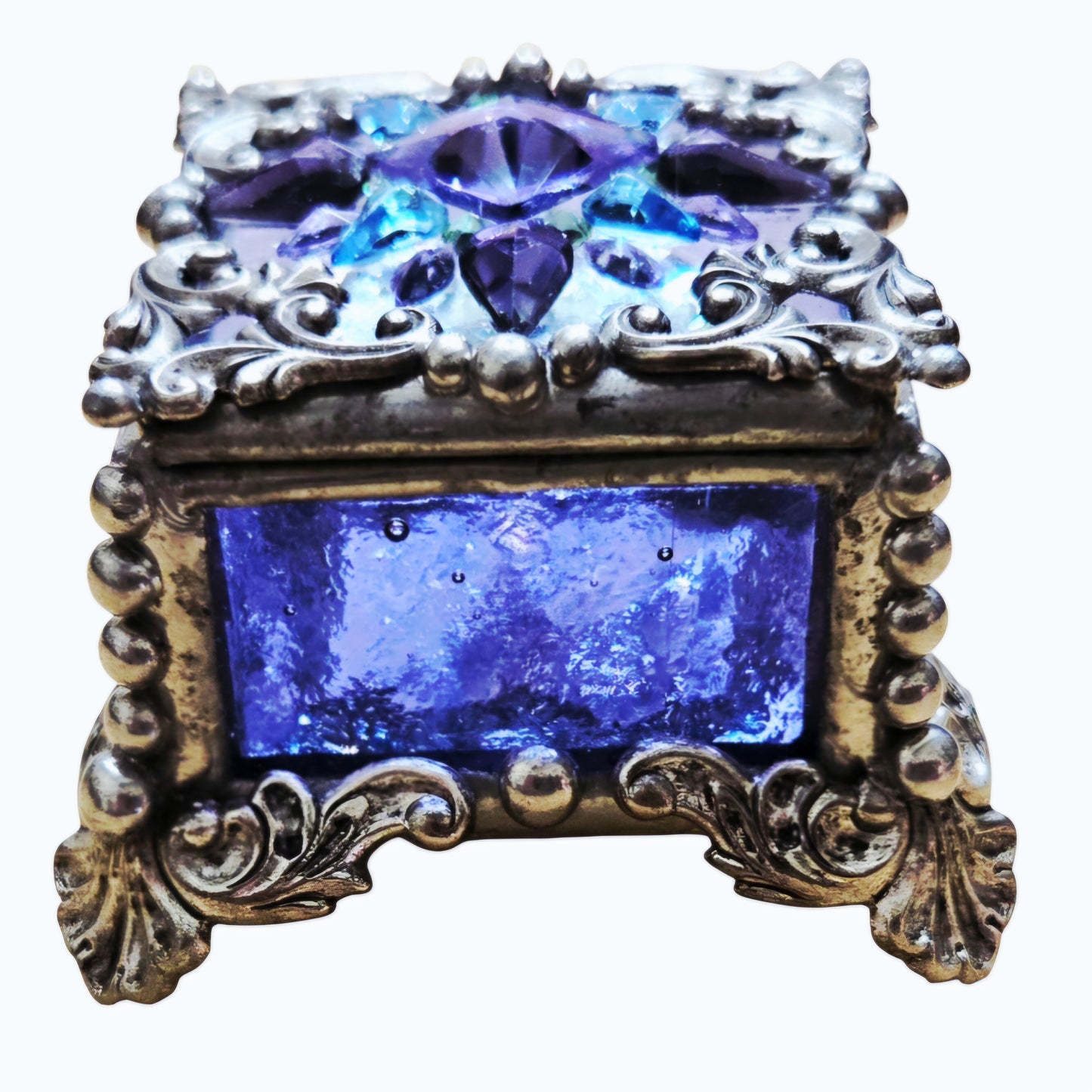 Vtg *Signed Purple Stained Glass - Metal Bead Trinket Box, Fairy Box, Ring Box
