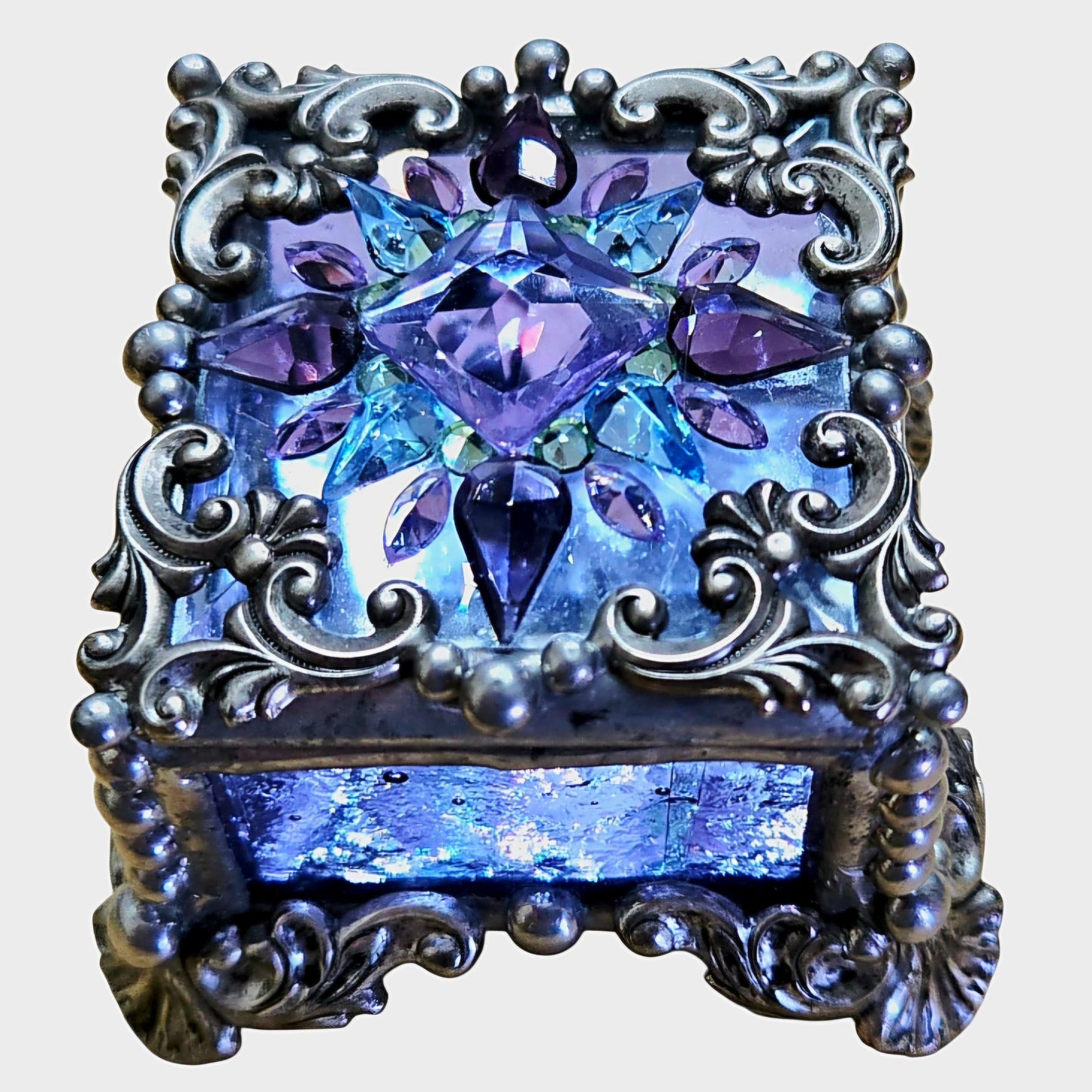 Vtg *Signed Purple Stained Glass - Metal Bead Trinket Box, Fairy Box, Ring Box