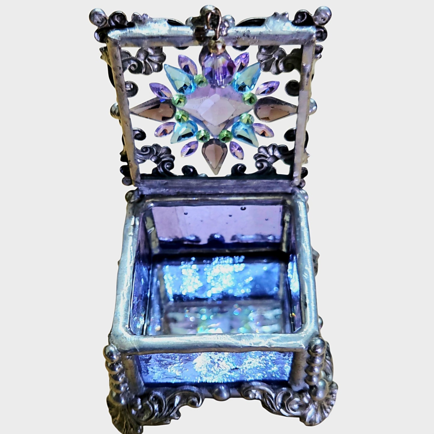 Vtg *Signed Purple Stained Glass - Metal Bead Trinket Box, Fairy Box, Ring Box