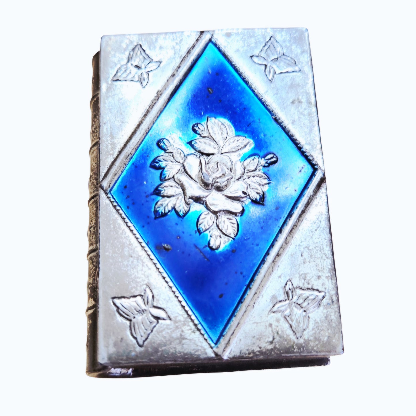 Vtg Book-Shaped Trinket Box– Blue Guilloche Enamel & Silver-Tone Metal Pill Box w/ Emb. Flowers & Butterflies