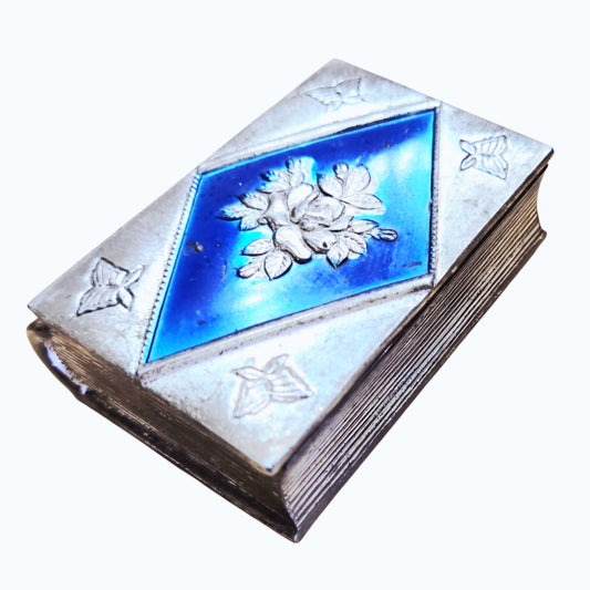 Vtg Book-Shaped Trinket Box– Blue Guilloche Enamel & Silver-Tone Metal Pill Box w/ Emb. Flowers & Butterflies