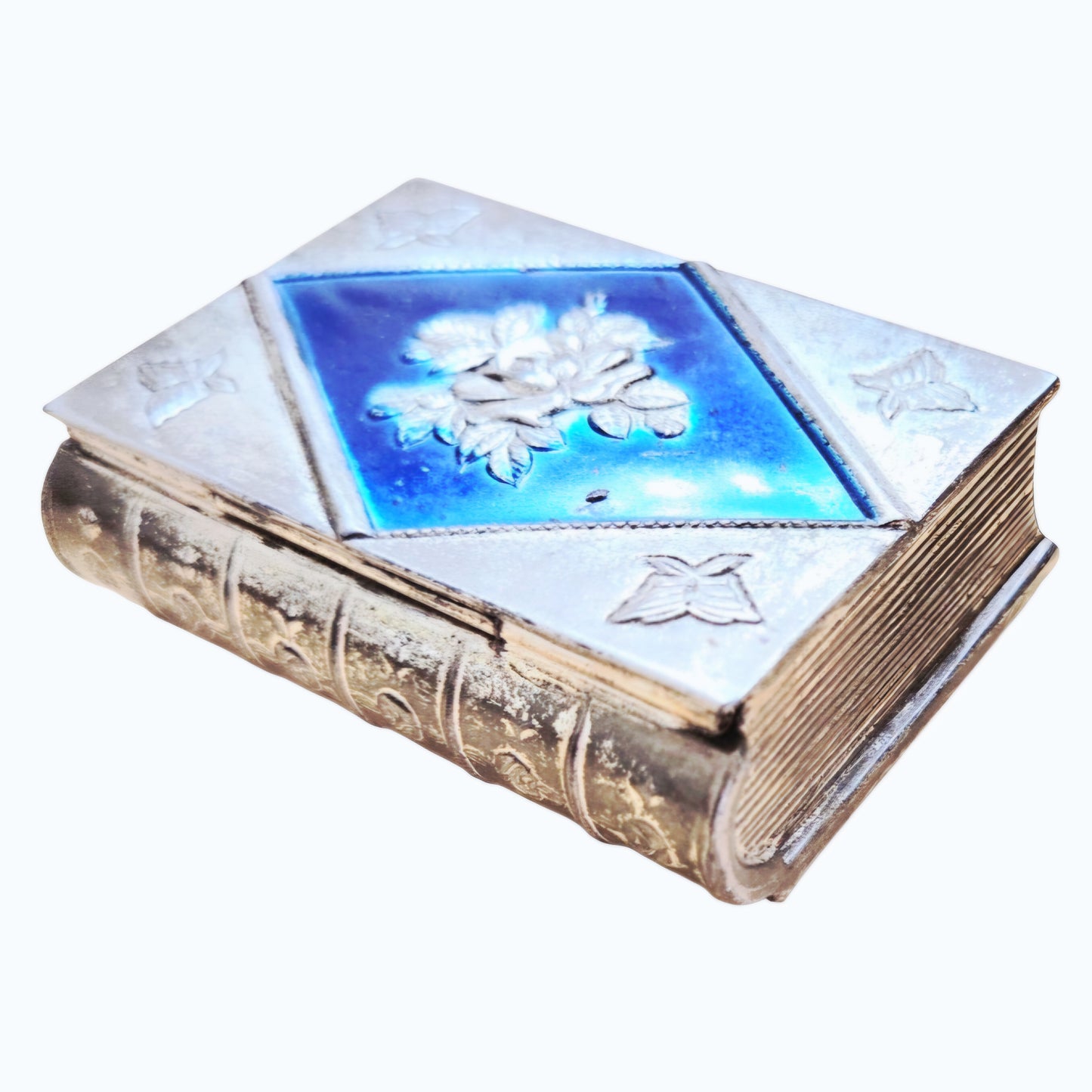 Vtg Book-Shaped Trinket Box– Blue Guilloche Enamel & Silver-Tone Metal Pill Box w/ Emb. Flowers & Butterflies