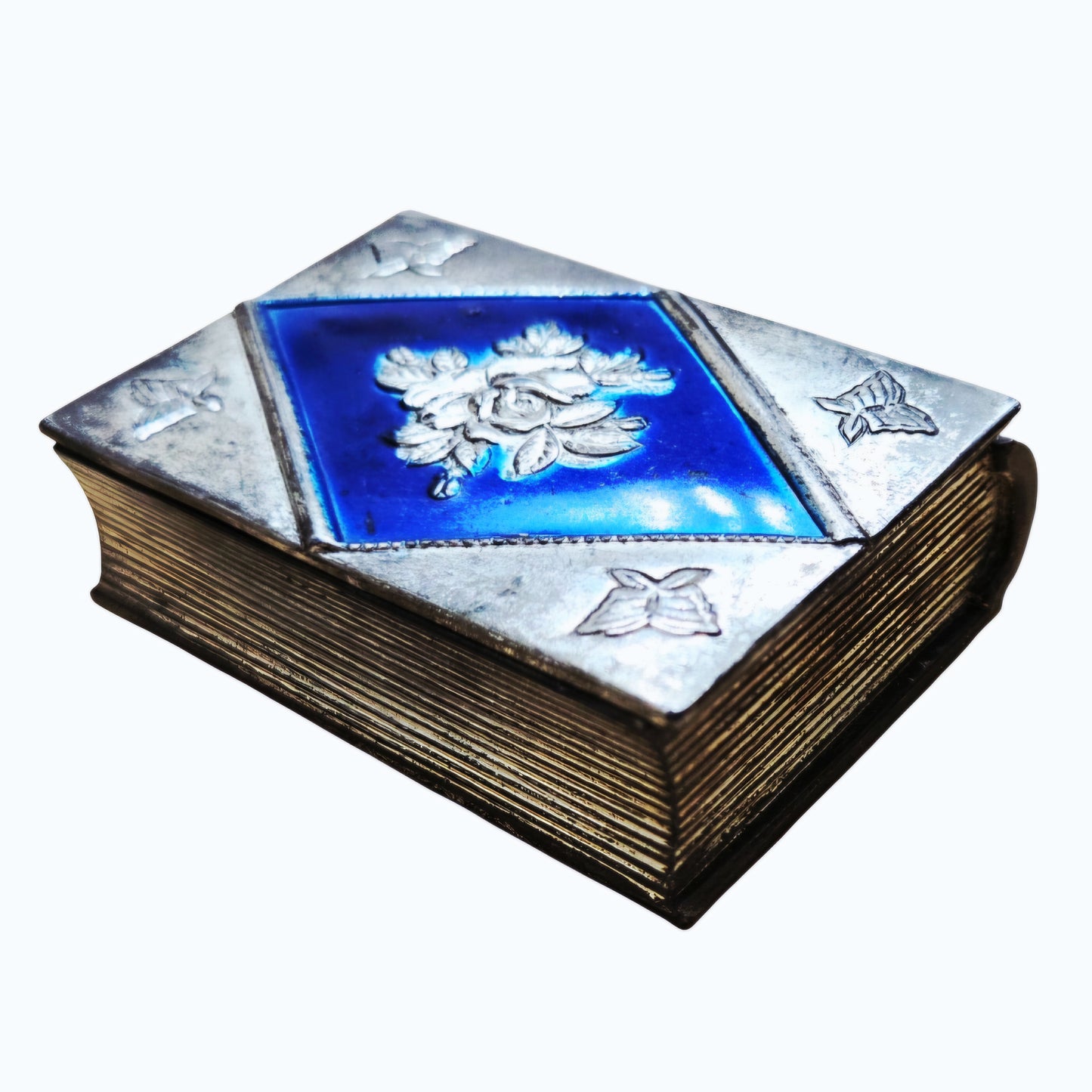 Vtg Book-Shaped Trinket Box– Blue Guilloche Enamel & Silver-Tone Metal Pill Box w/ Emb. Flowers & Butterflies