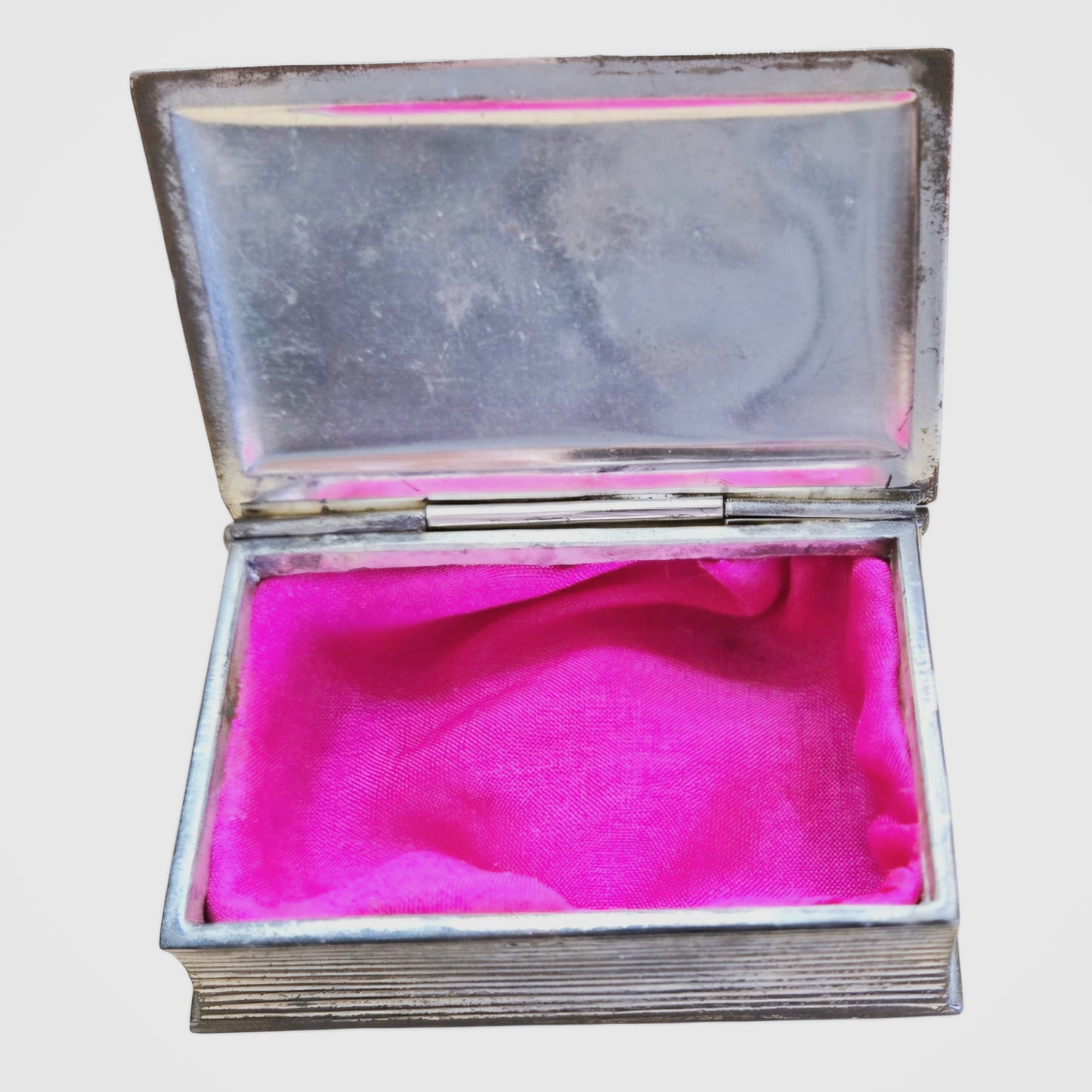 Vtg Book-Shaped Trinket Box– Blue Guilloche Enamel & Silver-Tone Metal Pill Box w/ Emb. Flowers & Butterflies