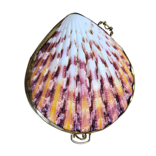 Vintage Brass Hinged Seashell Trinket Box | Orange/Purple Scallop Shell Pill Case