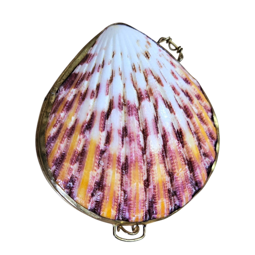 Vintage Brass Hinged Seashell Trinket Box | Orange/Purple Scallop Shell Pill Case