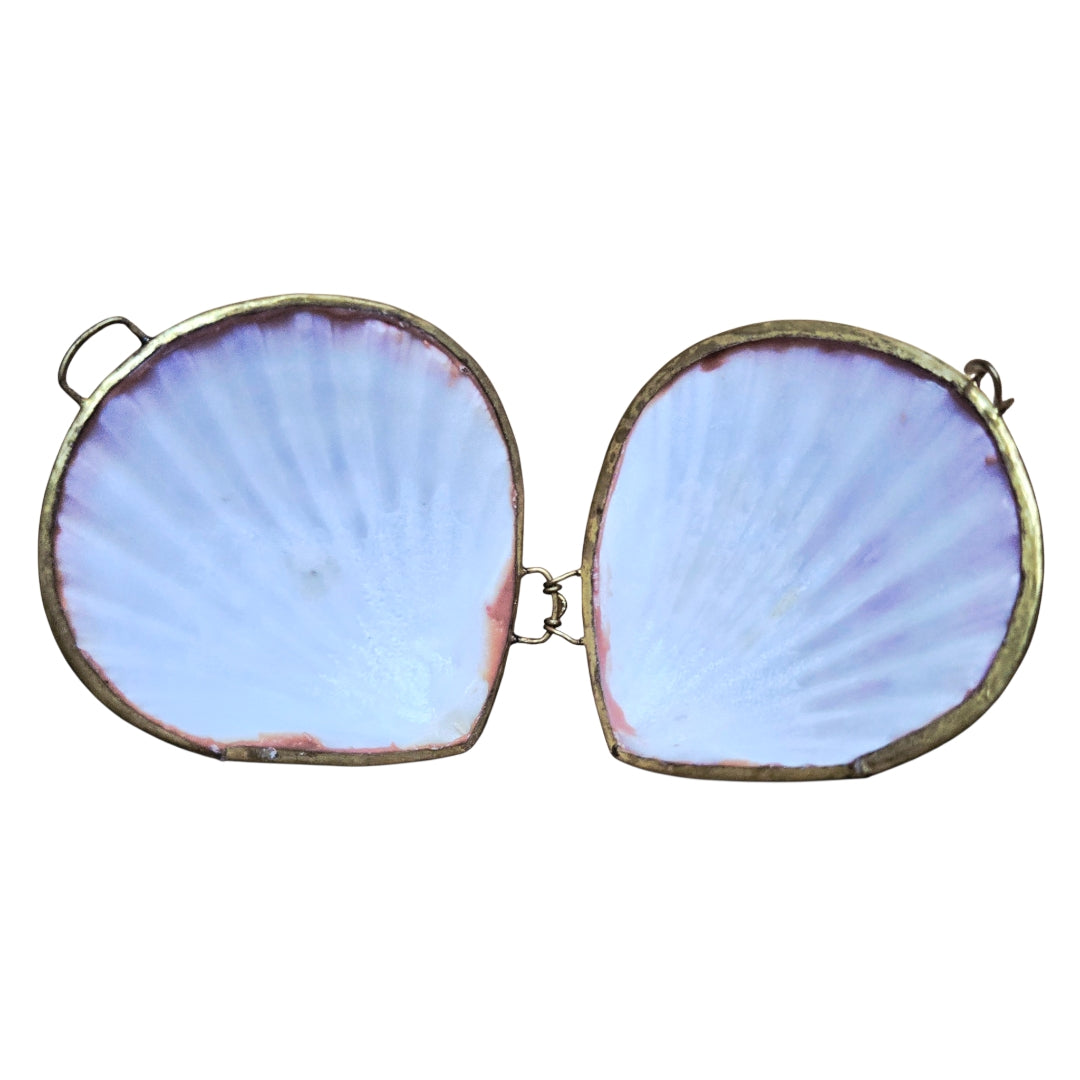 Vintage Brass Hinged Seashell Trinket Box | Orange/Purple Scallop Shell Pill Case