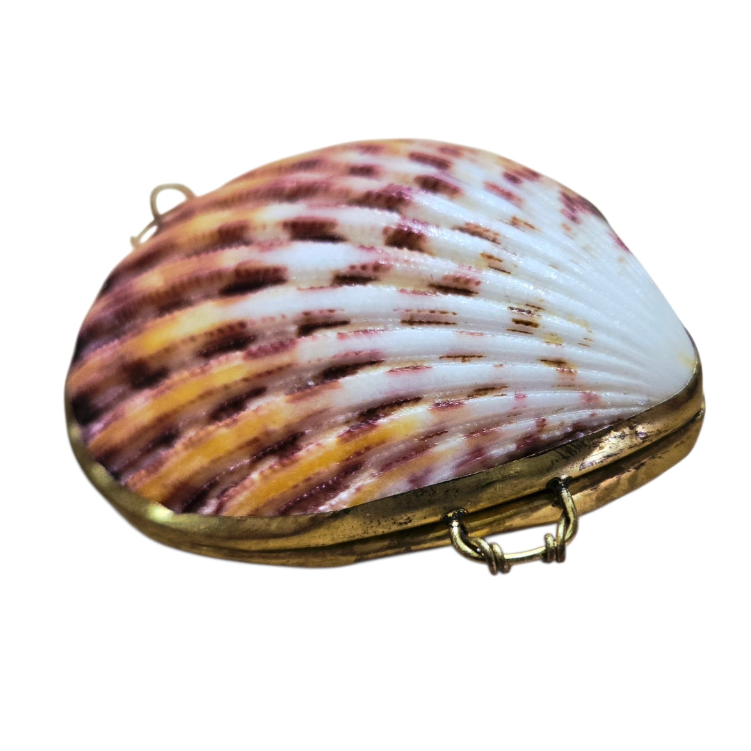 Vintage Brass Hinged Seashell Trinket Box | Orange/Purple Scallop Shell Pill Case