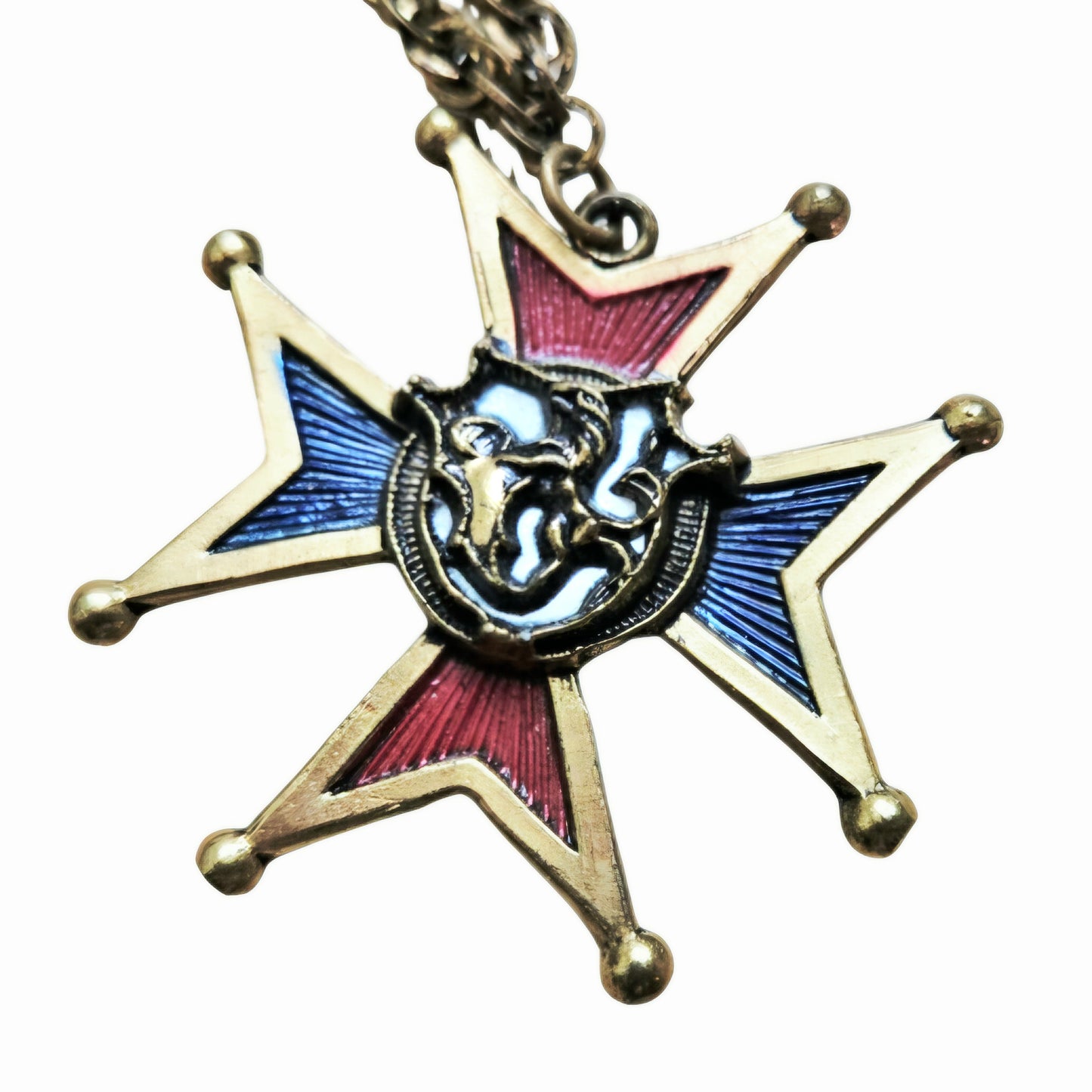 Vintage Mid-Century Heraldic Maltese Cross Pendant Necklace Red Blue Enamel