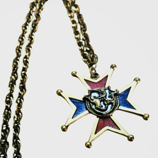 Vintage Mid-Century Heraldic Maltese Cross Pendant Necklace Red Blue Enamel