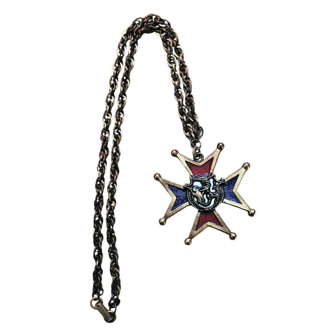 Vintage Mid-Century Heraldic Maltese Cross Pendant Necklace Red Blue Enamel