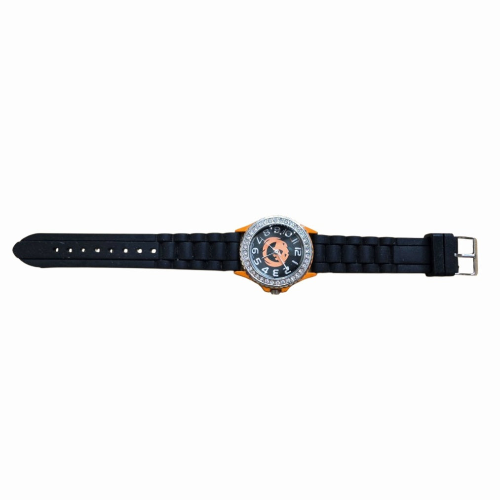 Halloween Jack-o'-Lantern Rhinestone Watch – Black & Orange Silicone Strap