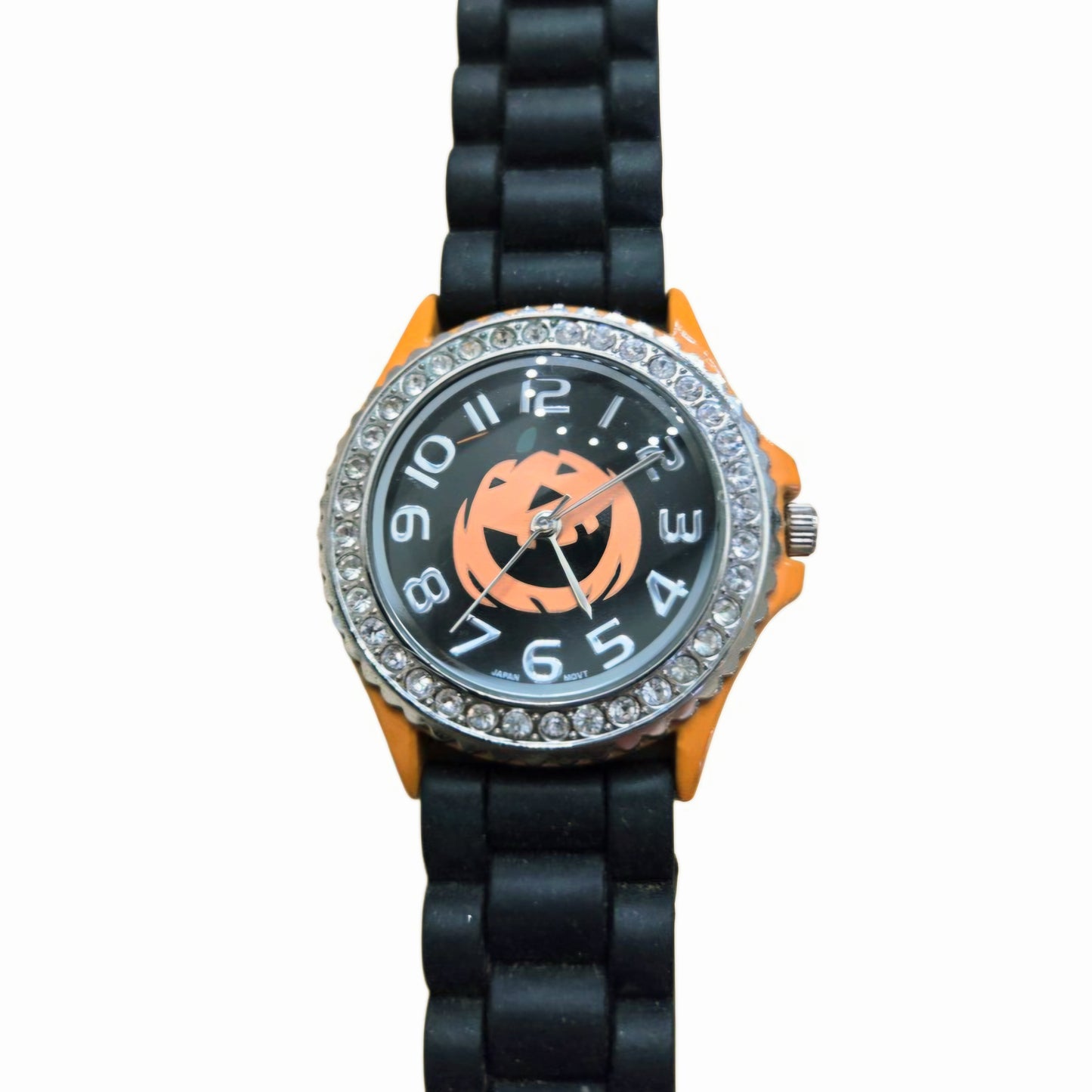 Halloween Jack-o'-Lantern Rhinestone Watch – Black & Orange Silicone Strap