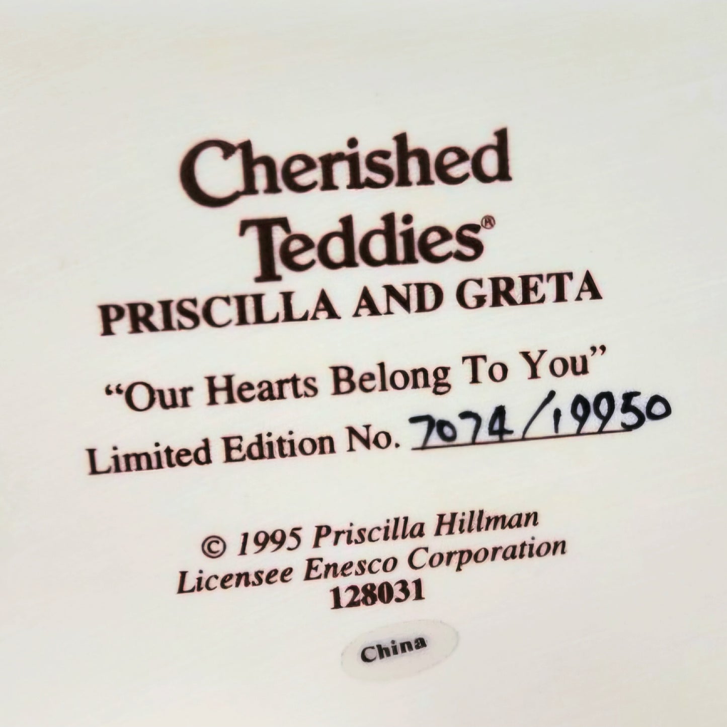 Cherished Teddies 1995 "Priscilla and Greta" Figurine 128031 Vintage Limited Ed.
