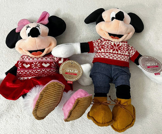 NEW *Hallmark Cozy Sweater "Mickey & Minnie Mouse" Stuffed 14" Holiday Disney (2014)
