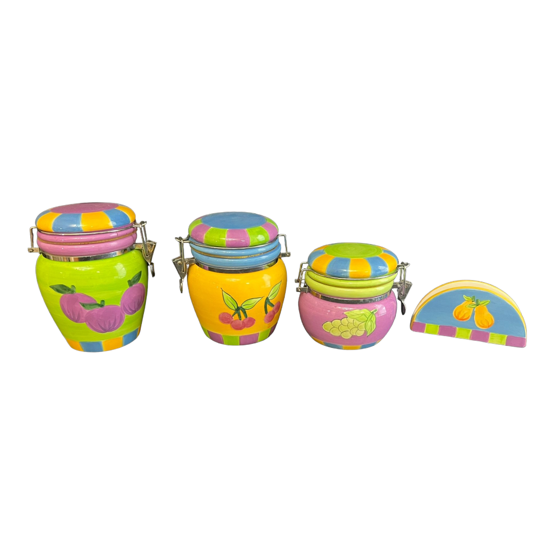 Colorful 4pc. OGGI 3 Ceramic Canisters & Napkin Holder Fruit Design Storage