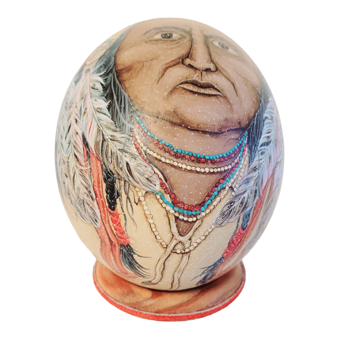 Stunning *Vintage C. Jameson "Chief in Headdress" Ostrich Egg Art Signed Numbered