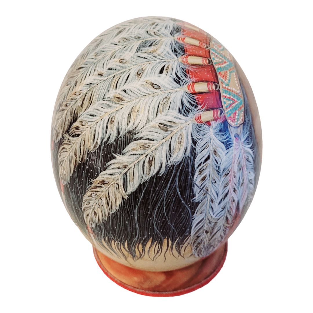 Stunning *Vintage C. Jameson "Chief in Headdress" Ostrich Egg Art Signed Numbered