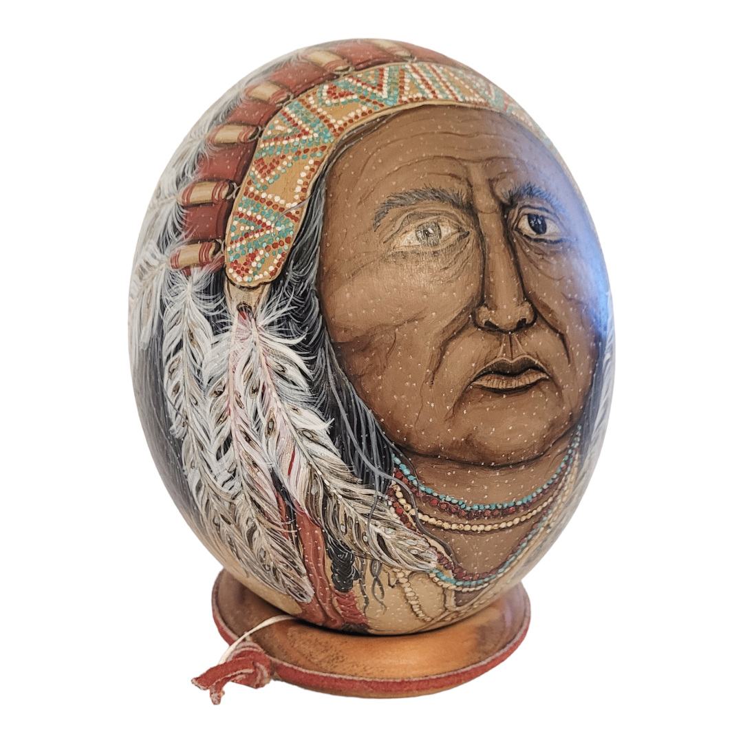 Stunning *Vintage C. Jameson "Chief in Headdress" Ostrich Egg Art Signed Numbered