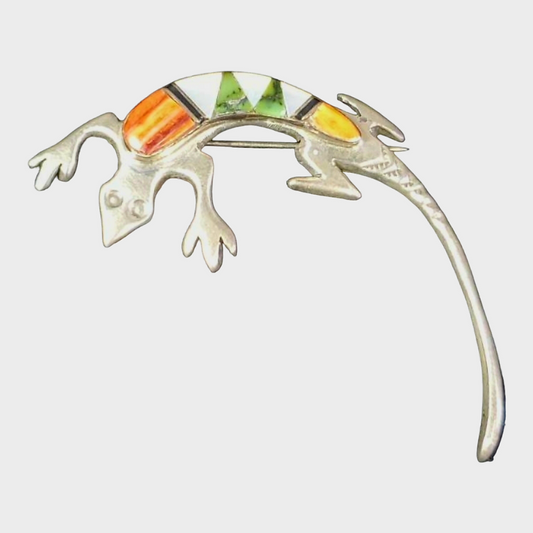 Beautiful *Sterling Silver Lizard Gecko w/ Multiple Inlaid Stones Broach Pin