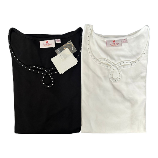 Two (2) Brand New *Quacker Factory 3/4 Sleeve Knit Rhinestone Keyhole Black/White (sz 1x)