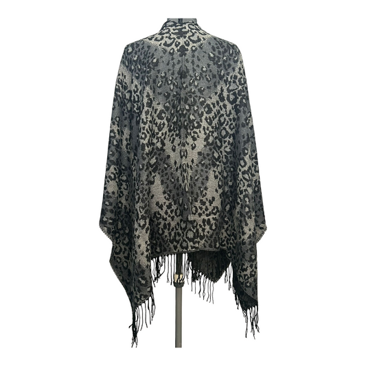 NIP *Beautiful Black/Silver Leopard Print Ruana Fringe Shawl Wrap