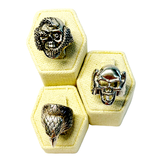 Three (3) *Men's Variety Motorcycle Skull Snakes Rings Lot (sz 8)